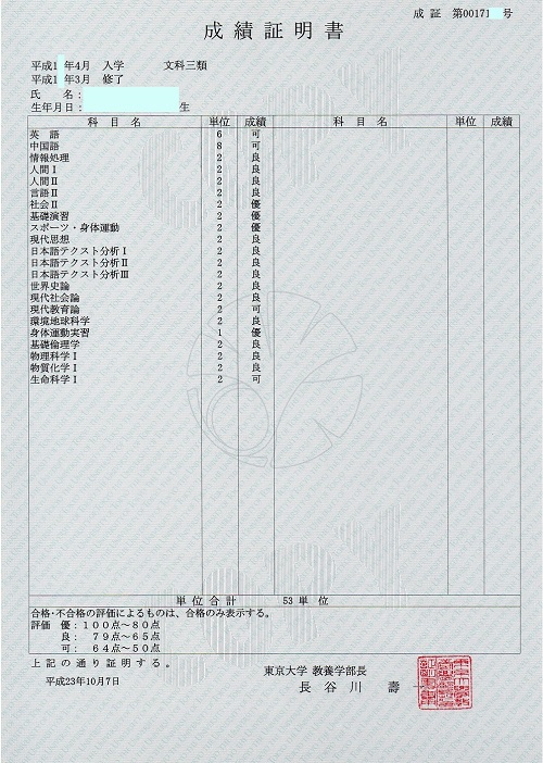 東大教養課程の惨憺たる成績証明書